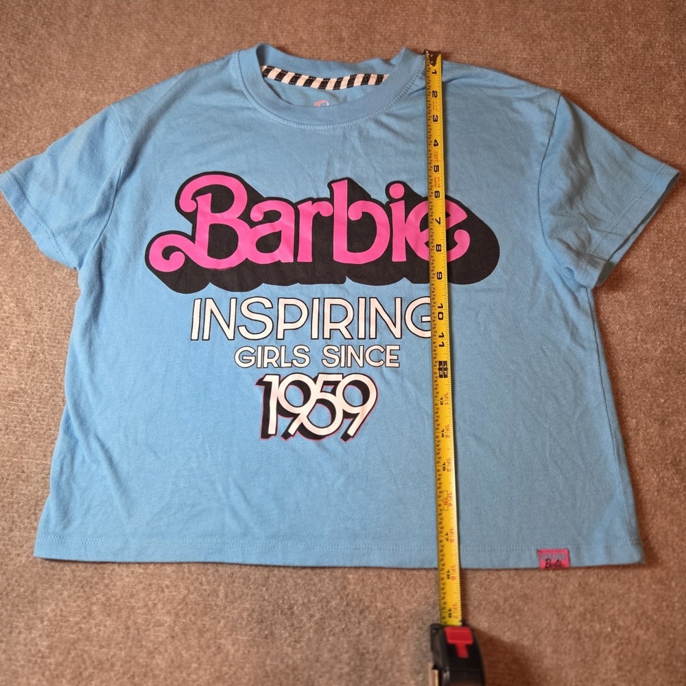 Barbie Inspiring Girls Since 1959 Juniors L Blue Crop shirt BarbieCore GirlPower